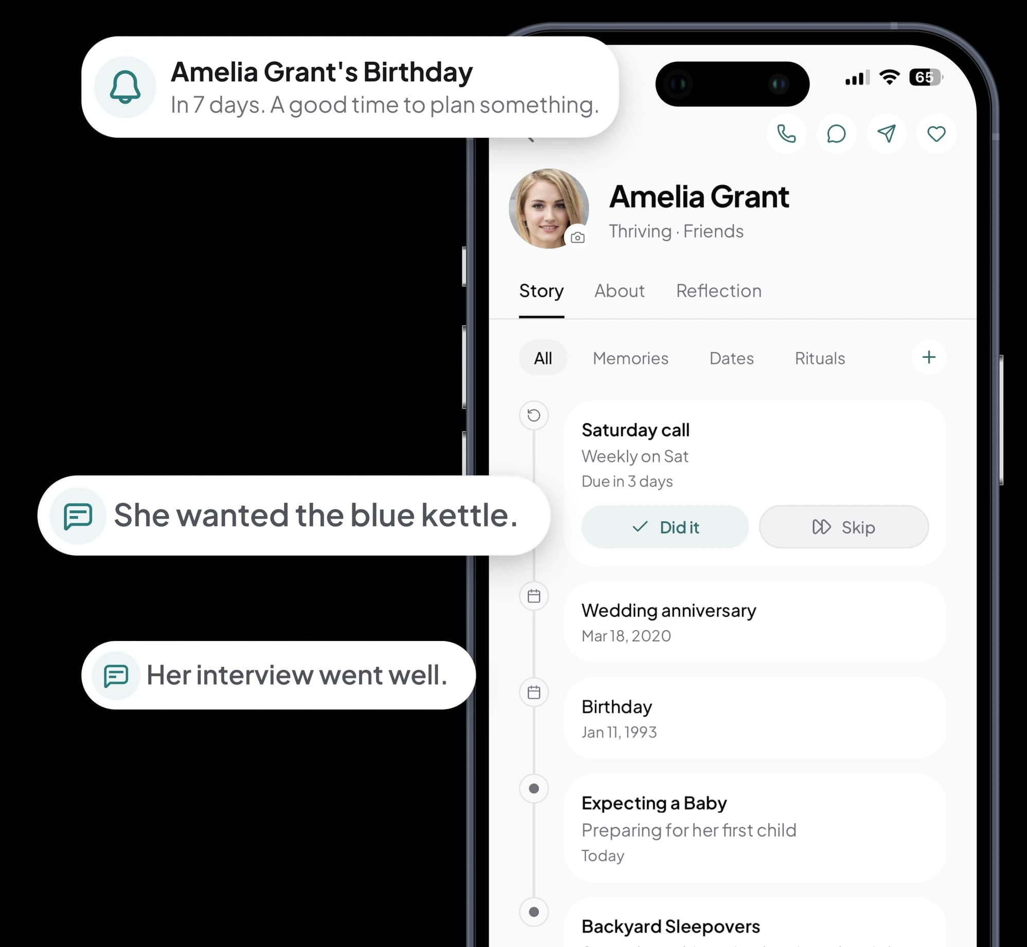 Amelia Grant's page in Kinu on an iPhone, with a reminder that her birthday is in 7 days and two notes beside it: she wanted the blue kettle, and her interview went well