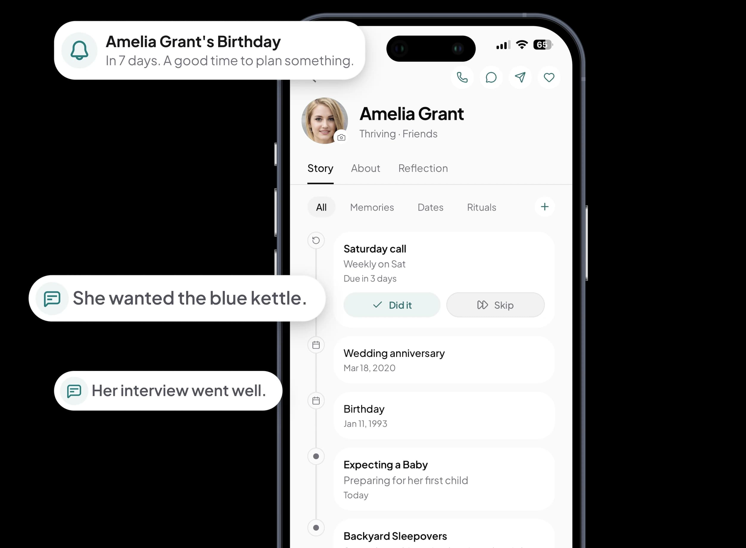 Amelia Grant's page in Kinu on an iPhone, with a reminder that her birthday is in 7 days and two notes beside it: she wanted the blue kettle, and her interview went well