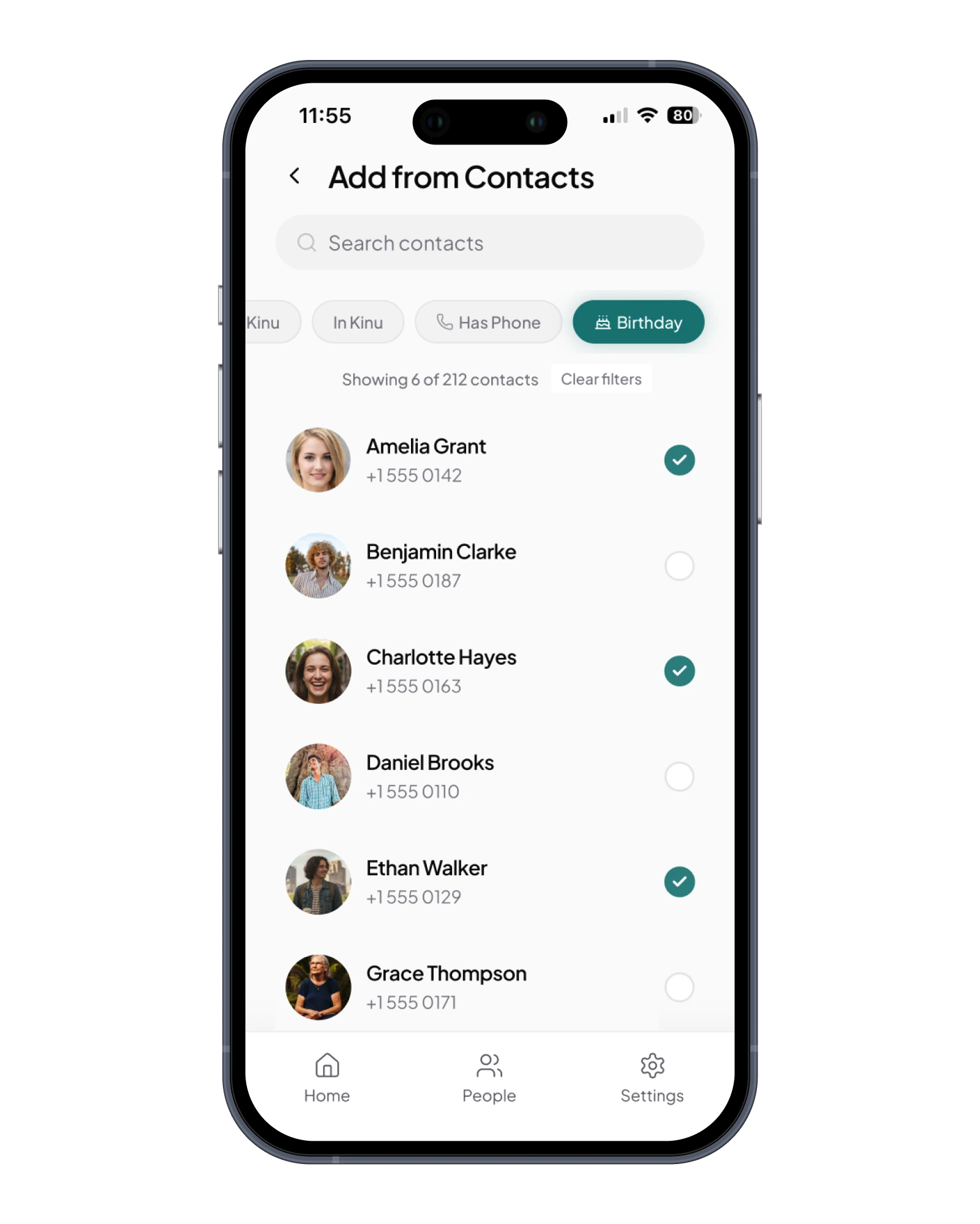 Kinu's Add from Contacts screen on an iPhone, filtered to contacts with a birthday, with three people ticked