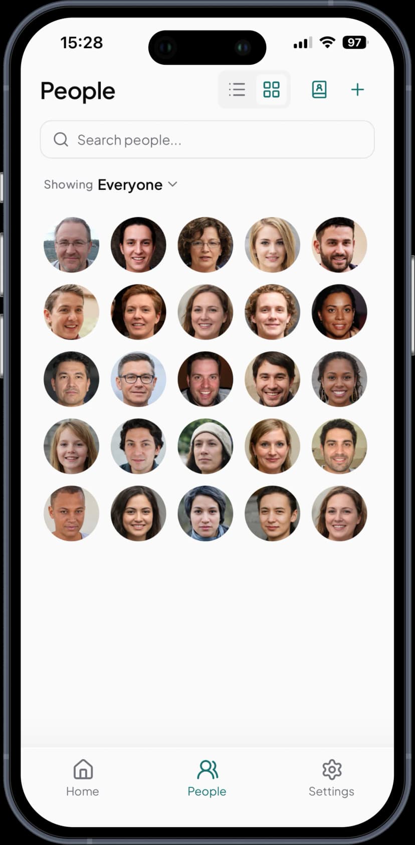 Kinu people grid view showing your contacts