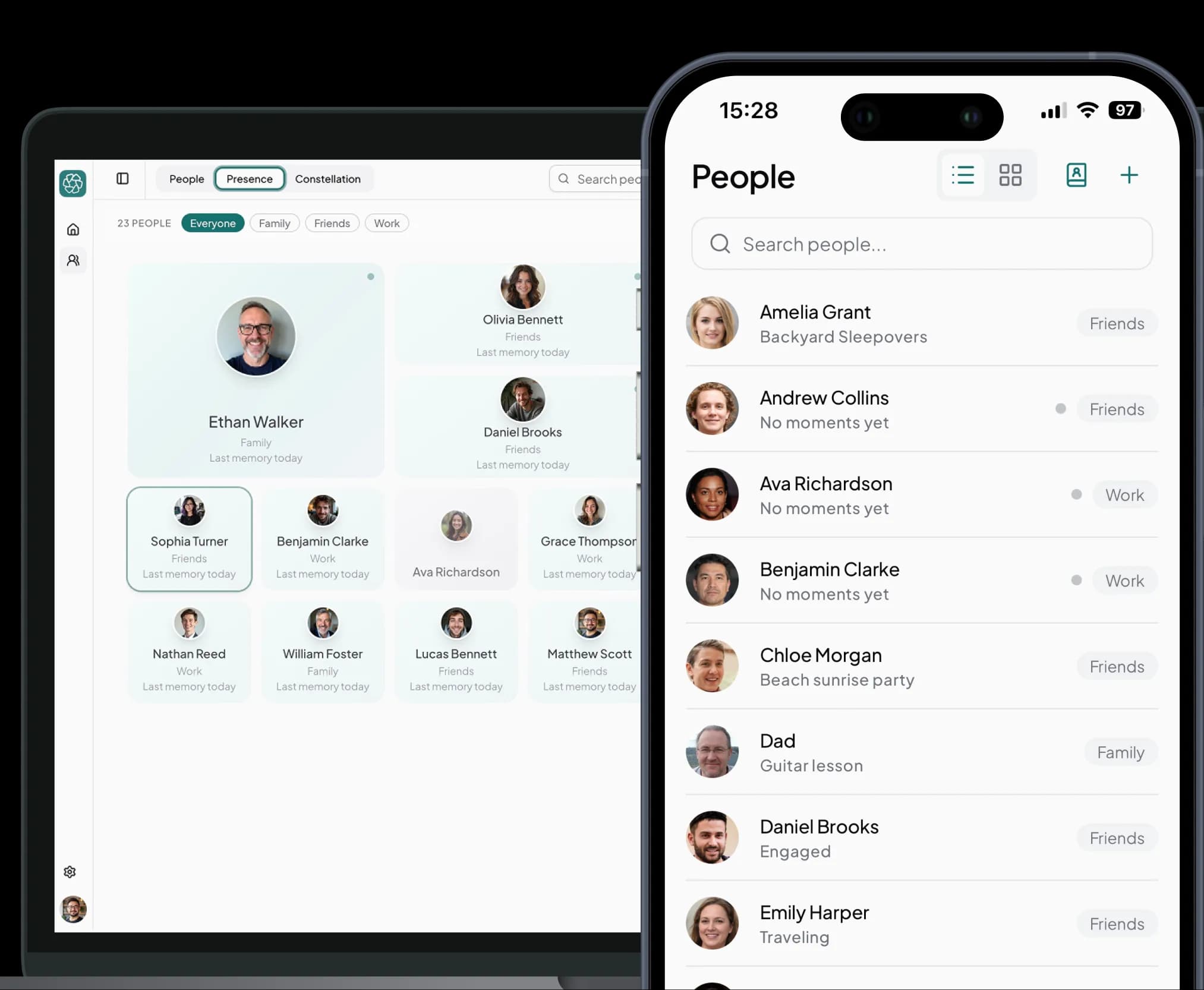 Kinu on tablet and mobile showing people grid and list views