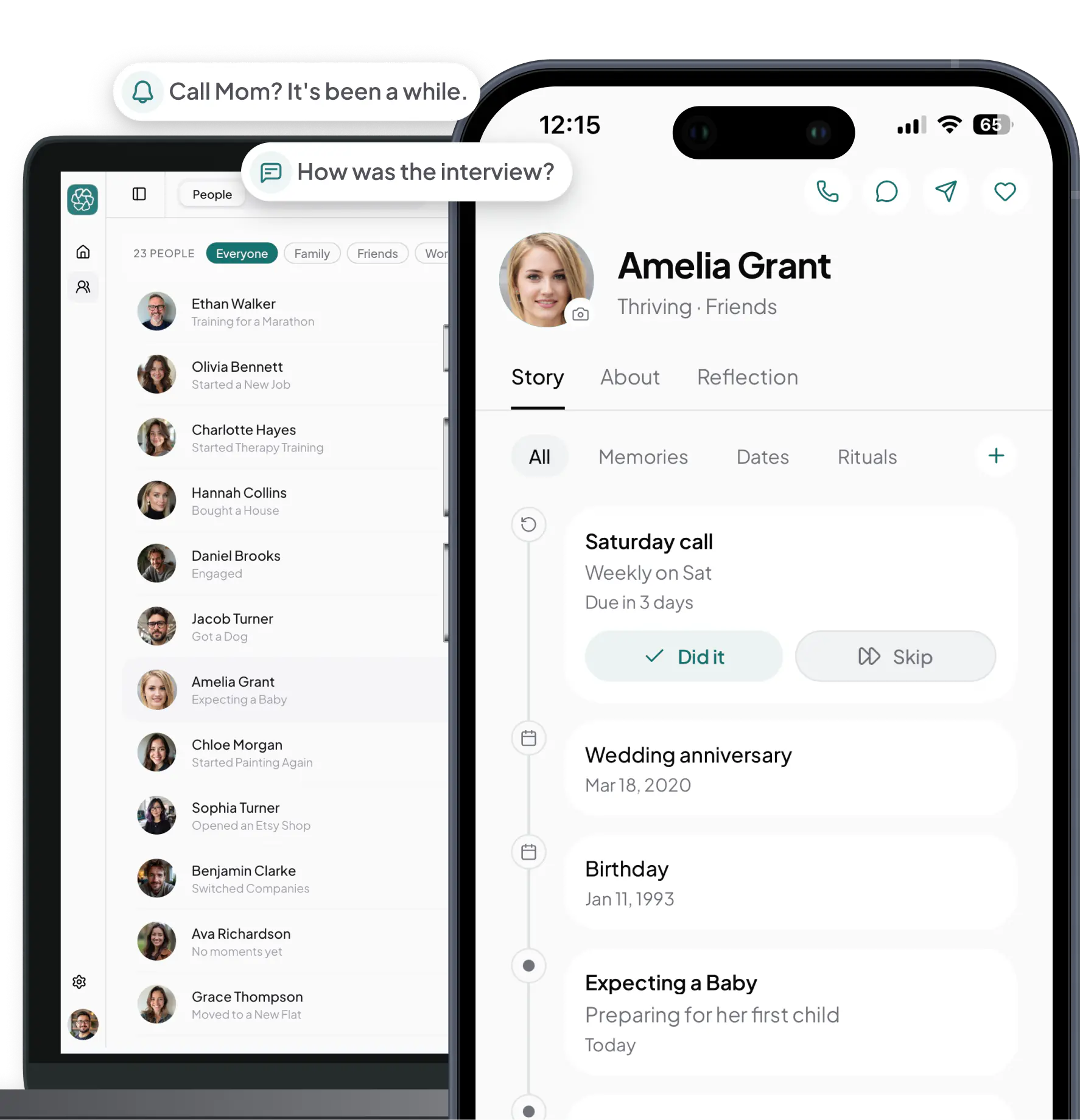 Kinu on iPhone showing Amelia Grant's story beside the people list, with gentle nudges to call Mom and ask about the interview